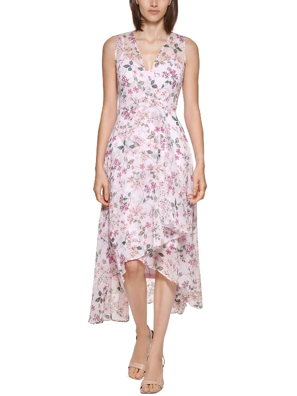 Petites Womens Sheer Hi-Low Midi Dress Elegant Puff Sleeve Midi Dress