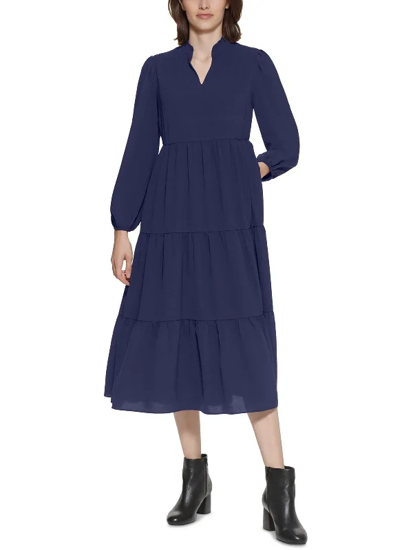 Petites Womens Tiered Mid Calf Midi Dress Trendy Mock Neck Midi Dress