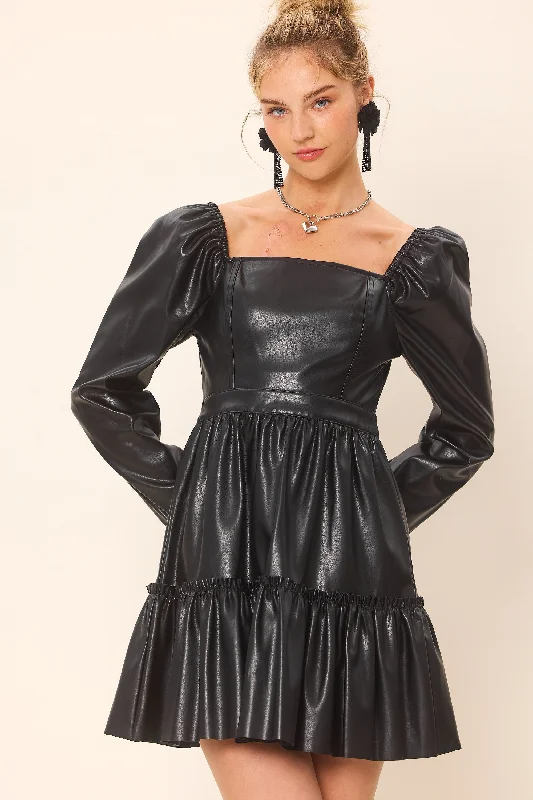 Pleather Square Neck Mini Dress Elegant Satin Mini Dress