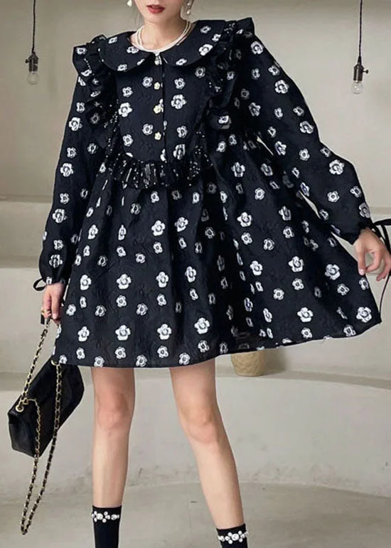 Plus Size Black Print Floral Ruffled Mini Dress Spring Cozy Sweater Mini Dress