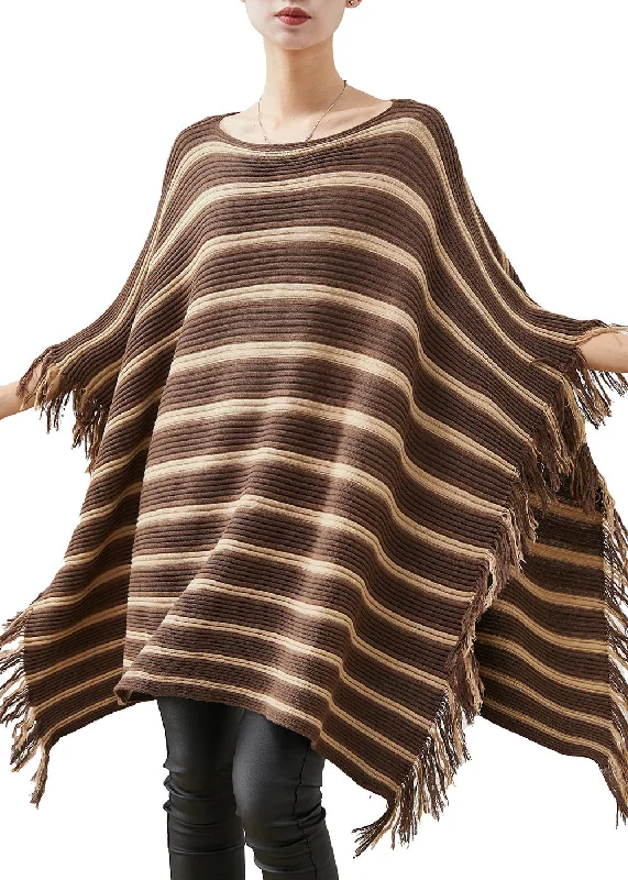 Plus Size Khaki Striped Tasseled Knit Mini Dresses Spring Casual Mini Dress with Pockets