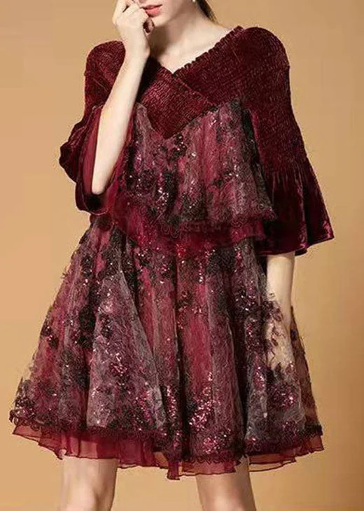 Plus Size Mulberry Sequins Tulle Embroideried Velour Mini Dress Winter Fashionable Mini Dress with Frills