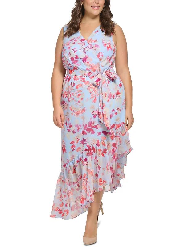 Plus Womens Chiffon Asymmetric Midi Dress Stylish Tiered Midi Dress
