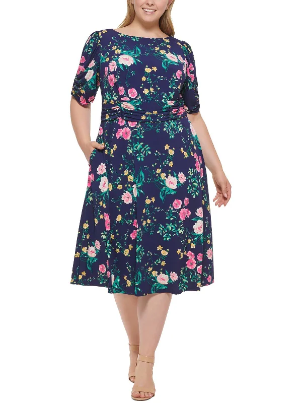 Plus Womens Floral Print Calf Midi Dress Trendy Shift Midi Dress