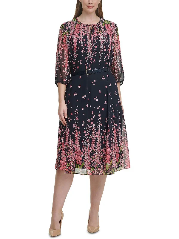 Plus Womens Floral Printed Calf Midi Dress Fashionable Sheer Sleeve Midi Dress