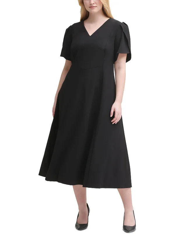 Plus Womens Knit Tulip Sleeves Midi Dress Stylish Midi Dress with Cuffs