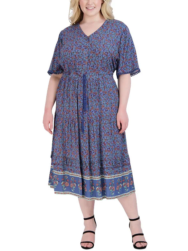 Plus Womens Printed Long Midi Dress Elegant Floral Appliqué Midi Dress