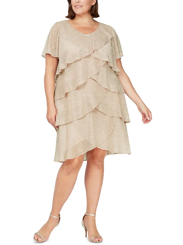 Plus Womens Tiered Metallic Midi Dress Trendy Ruched Side Midi Dress