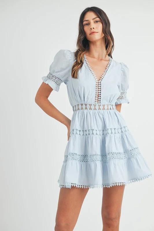 Poplin Lace Trim Mini Dress Fashionable Lace-Trim Mini Dress
