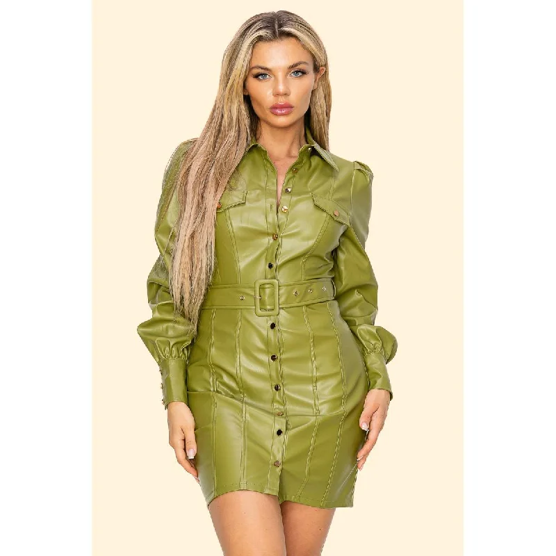 Pu Leather Long Sleeve Mini Dress Cozy Sweater Mini Dress