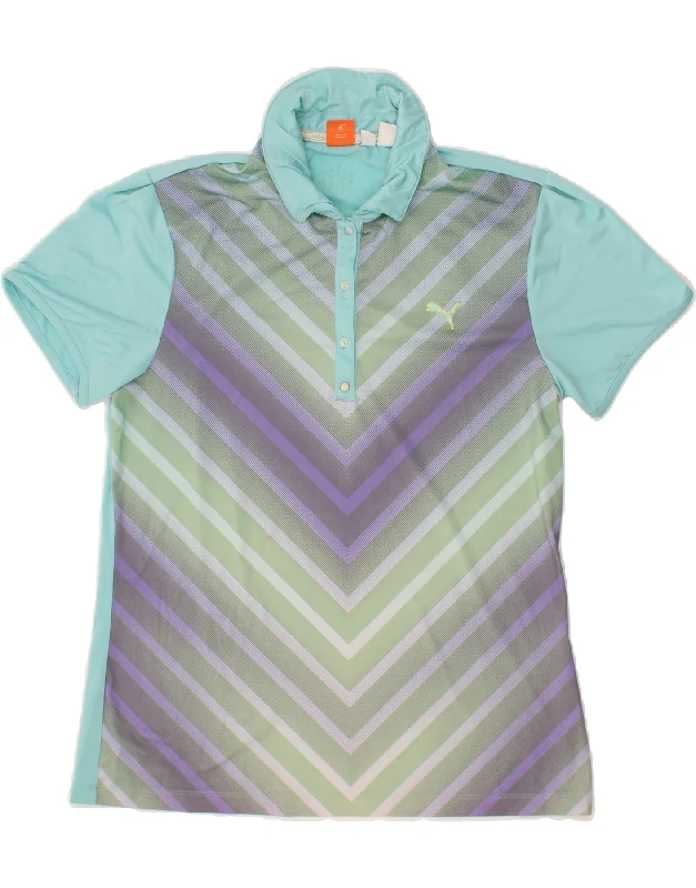 PUMA Womens Polo Shirt UK 14 Large Turquoise Pinstripe Fashionable Button-Front Short Sleeve PUMA Womens Polo Shirt UK 14 Large Turquoise Pinstripe Fashionable Button-Front Short Sleeve