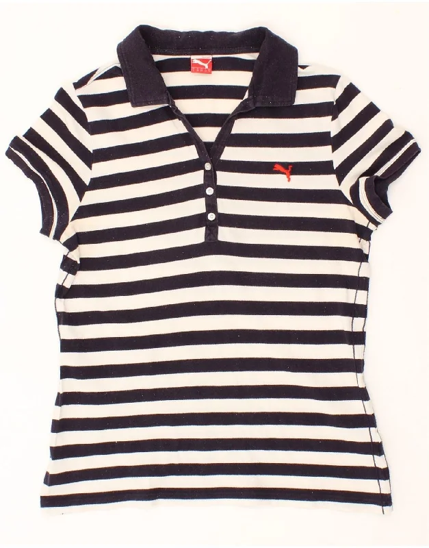 PUMA Womens Polo Shirt UK 14 Medium  Navy Blue Striped Cotton Trendy Summer Short Sleeve