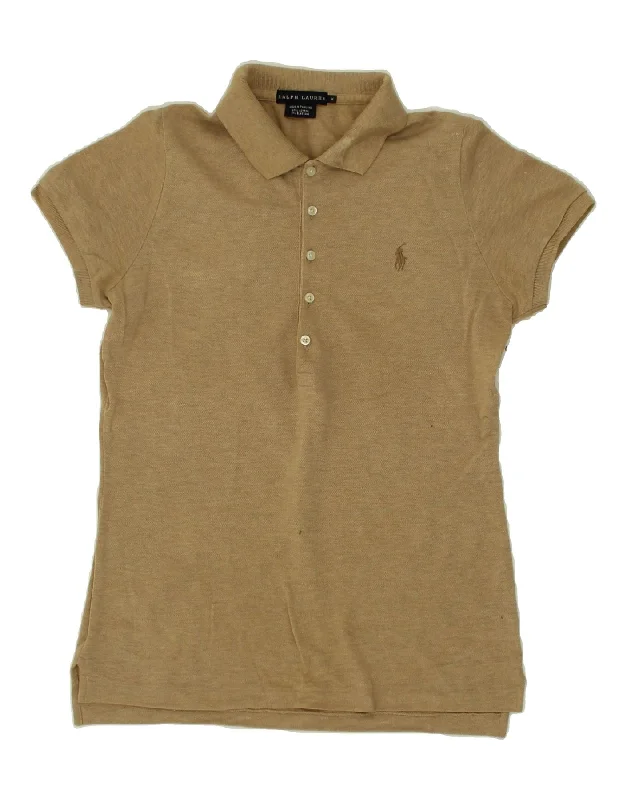 RALPH LAUREN Womens Polo Shirt UK 12 Medium Brown Cotton Comfortable Summer Short Shirt