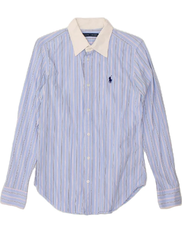 RALPH LAUREN Womens Shirt US 8 Medium Blue Striped Cotton Comfortable Peplum Short Shirt RALPH LAUREN Womens Shirt US 8 Medium Blue Striped Cotton Comfortable Peplum Short Shirt