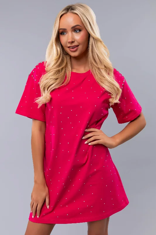 Raspberry Studded Short Sleeve Mini Dress Cozy Knit Mini Dress