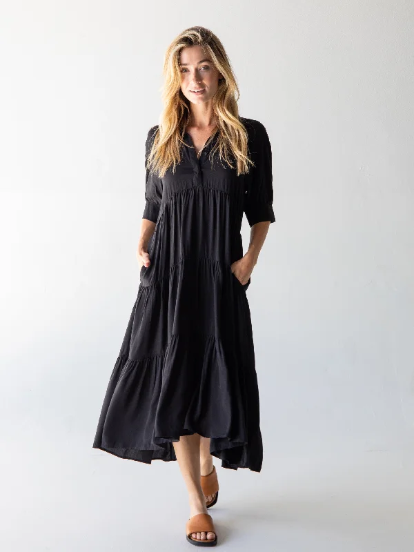 Rebecca Midi Dress - Black Chic Off-Shoulder Midi Dress