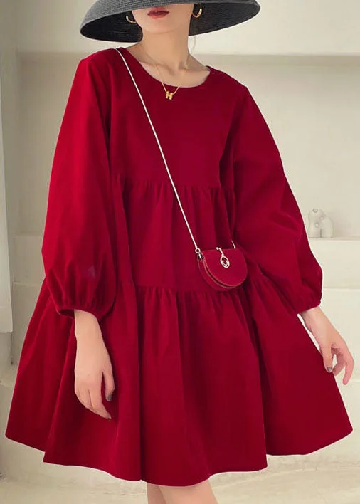 Red Patchwork Velour Mini Dress Puff Sleeve Spring Cozy Ruched Mini Dress
