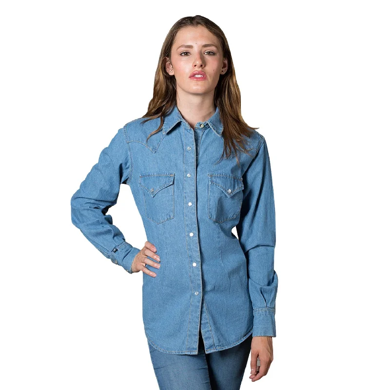 Rockmount Womens Blue 100% Cotton Denim Western L/S Shirt Fashionable Cuffed Short Sleeve