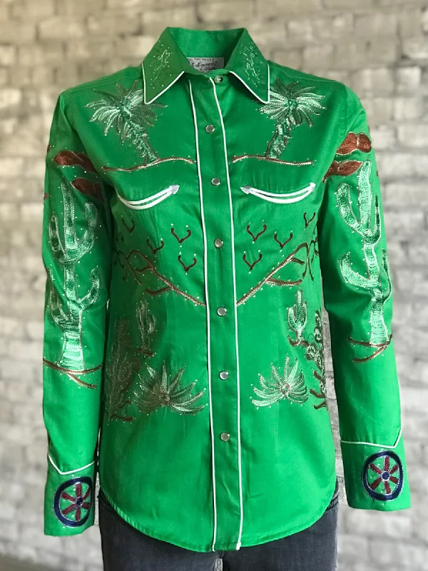 Rockmount Womens Green 100% Cotton Porter Wagoner L/S Shirt Casual Short Sleeve Top