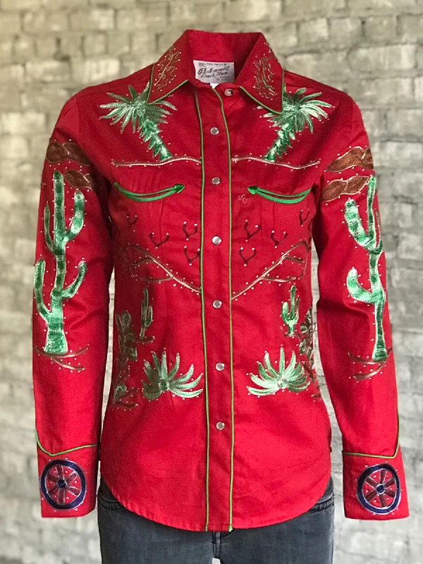 Rockmount Womens Red 100% Cotton Porter Wagoner L/S Shirt Trendy Button-Front Short Sleeve