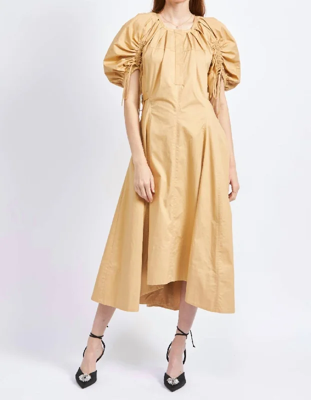Rowan Cotton Poplin Midi Dress In Beige Stylish Cold Shoulder Midi Dress