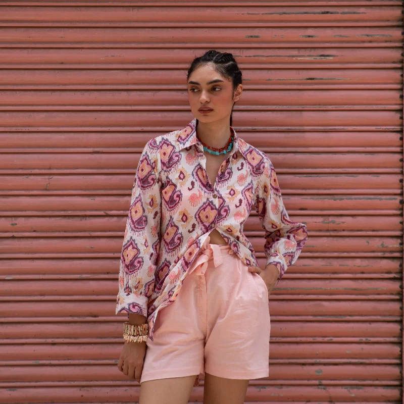 Ruhani White and Pink Ikat Blockprinted Shirt Casual Loose Short Sleeve