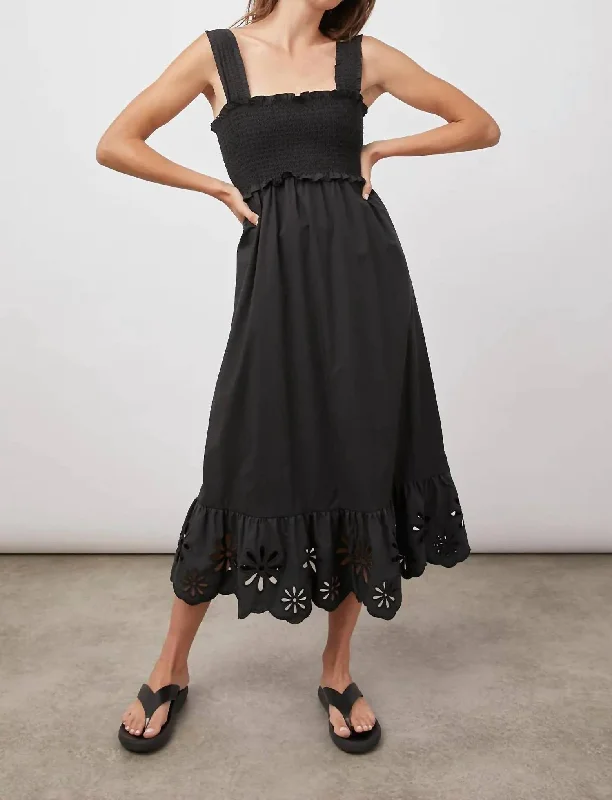 Rumi Midi Dress In Black Eyelet Fashionable A-Line Midi Dress
