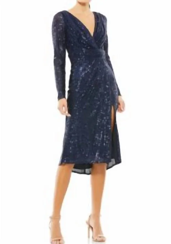 Sequin Long Sleeve Midi Dress In Midnight Fashionable Pleated Midi Dress