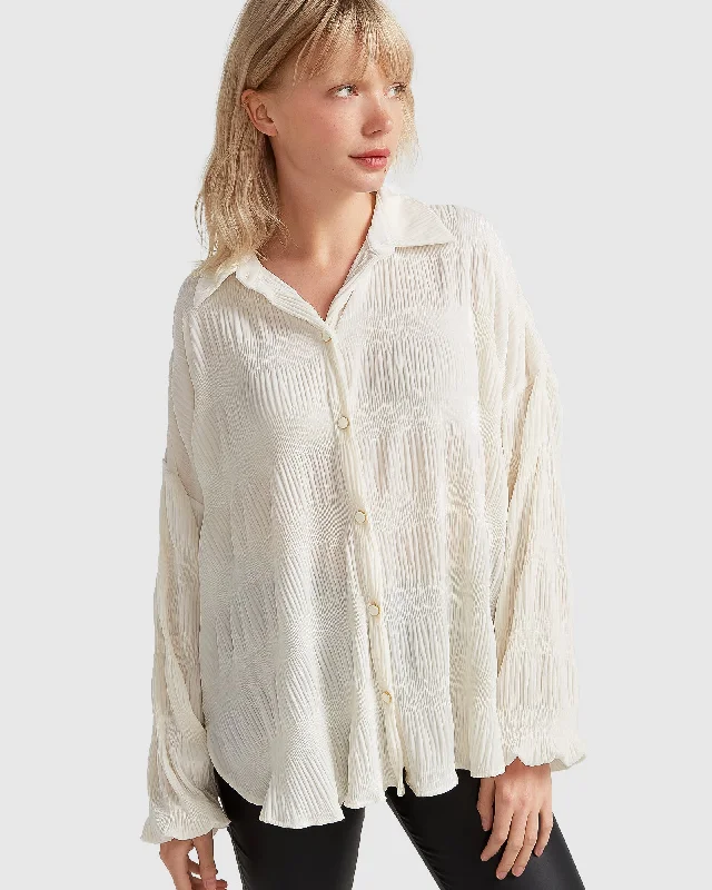 Serenade Velvet Plisse Shirt - Off-White Modern Casual Short Sleeve