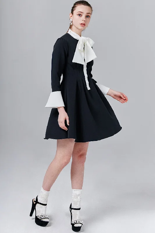 Shailene Contrasting Mini Dress with Ribbon Tie Chic Pleated Mini Dress