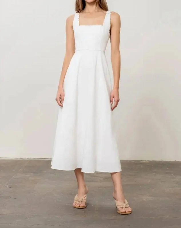Sleeveless Scallop Shirred Midi Dress In White Elegant V-Neck Midi Dress