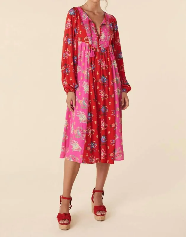 Solstice Boho Midi Dress In Salsa Rose Trendy Fit-and-Flare Midi Dress