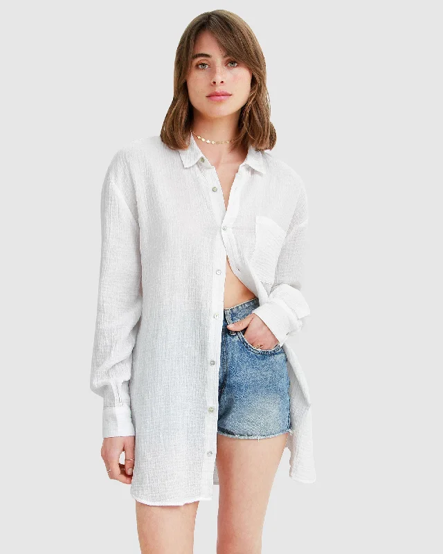 South Coast Oversized Shirt - White Elegant Off-Shoulder Short Shirt