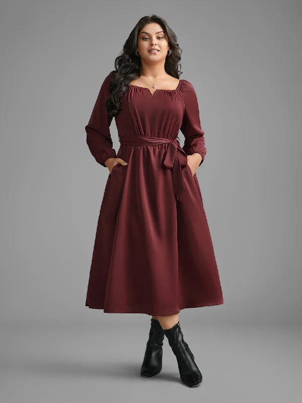 Square Neck Gathered Belted Midi Dress Comfortable Knitwear Midi Dress