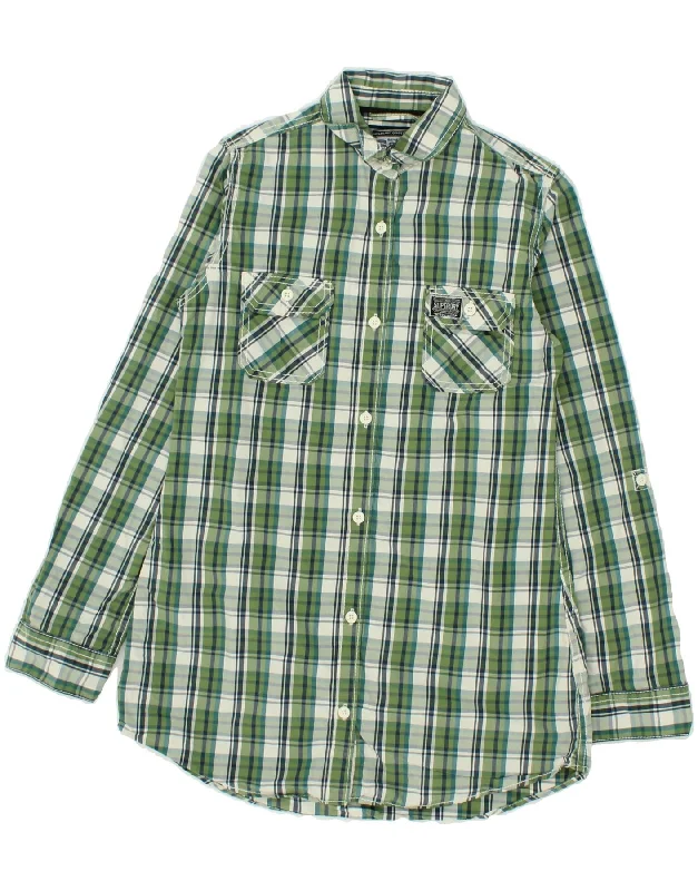 SUPERDRY Womens Shirt UK 14 Medium Green Check Cotton Relaxed Fit Short Shirt