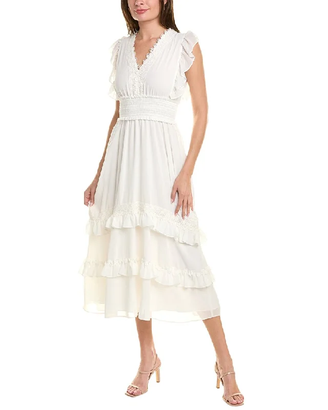 Tahari ASL Smocked Waist Midi Dress Trendy Ruffled Sleeve Midi Dress