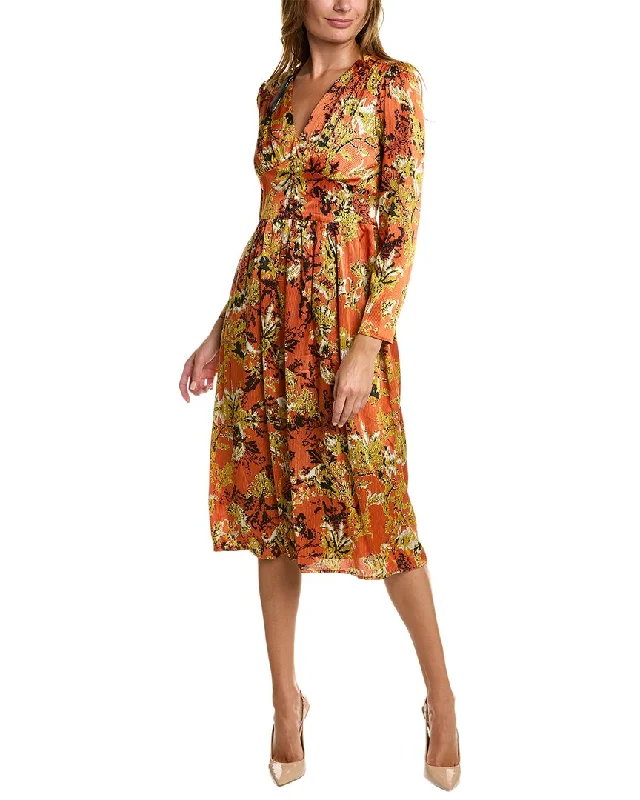 Tahari ASL V-Neck Midi Dress Elegant Satin Button Midi Dress