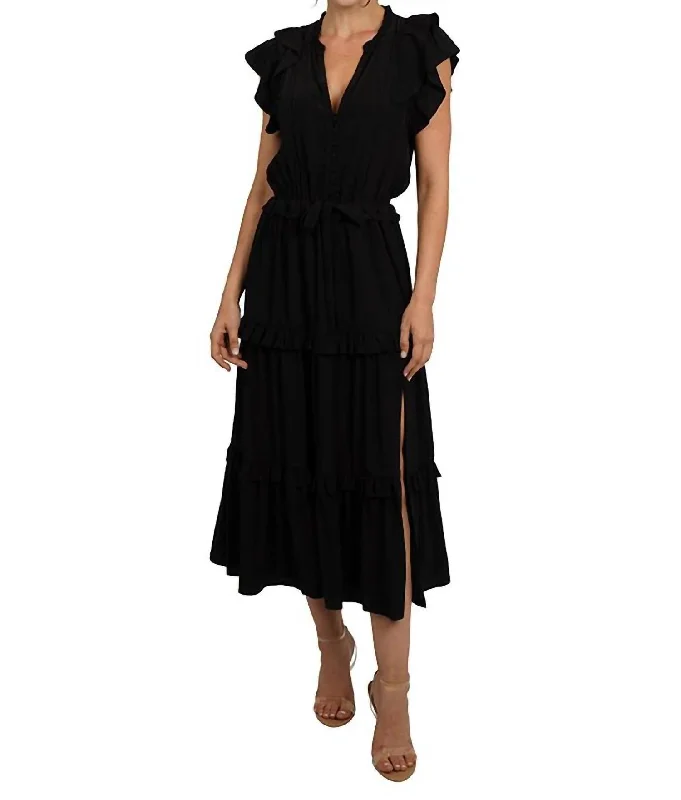 Tiered Midi Dress In Black Elegant Floral Appliqué Midi Dress