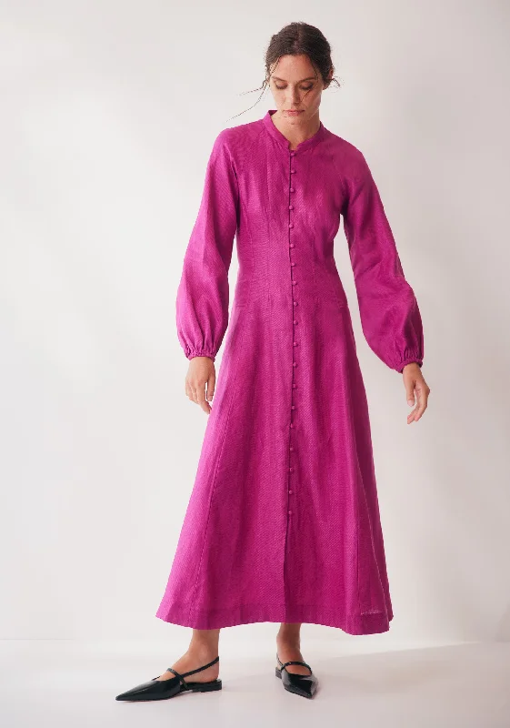 Tilly Linen Midi Dress_Fuchsia Fashionable Pleated Midi Dress