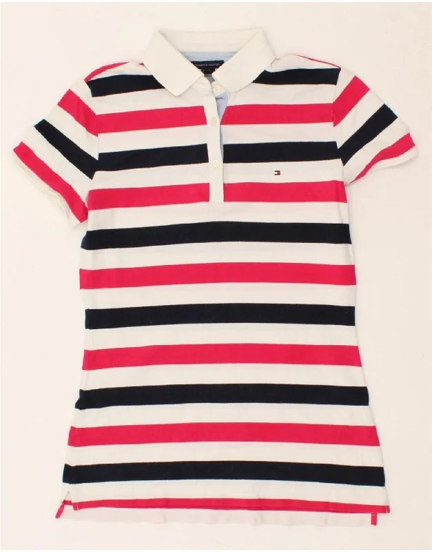 TOMMY HILFIGER Womens Polo Shirt UK 10 Small Multicoloured Striped Cotton Elegant Button-Down Short Shirt