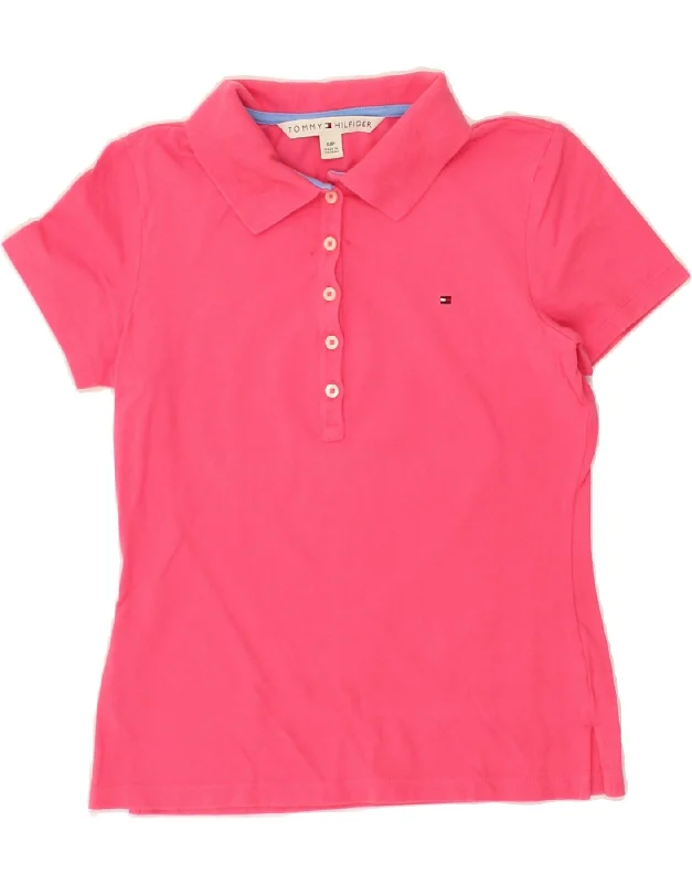 TOMMY HILFIGER Womens Polo Shirt UK 10 Small Pink Cotton Stylish Short Sleeve Polo