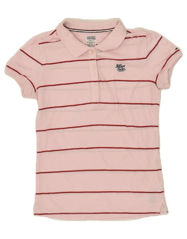 TOMMY HILFIGER Womens Polo Shirt UK 10 Small Pink Striped Cotton Classic Solid Short Shirt