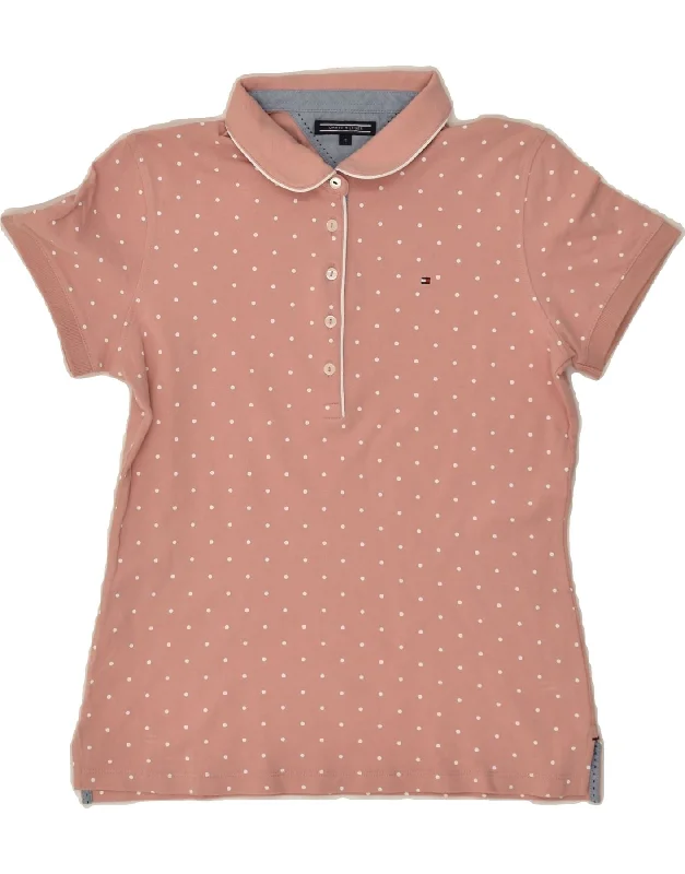 TOMMY HILFIGER Womens Polo Shirt UK 12 Medium Pink Polka Dot Stylish Crew Neck Shirt