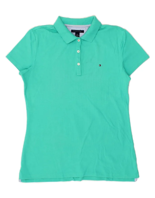 TOMMY HILFIGER Womens Polo Shirt UK 12 Medium Turquoise Cotton Cozy Striped Short Sleeve