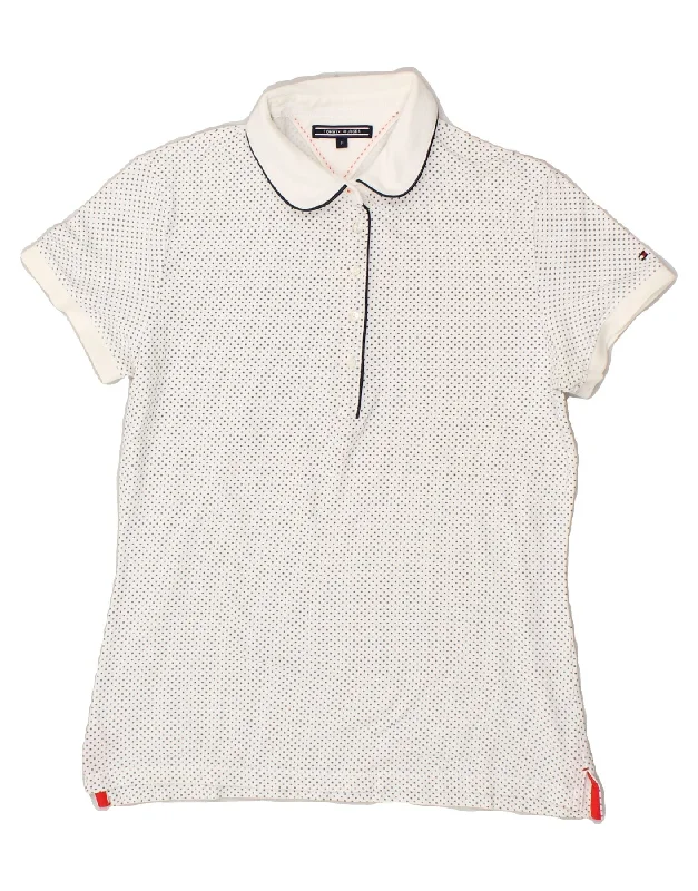 TOMMY HILFIGER Womens Polo Shirt UK 12 Medium White Spotted Relaxed Fit Short Shirt