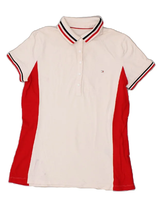 TOMMY HILFIGER Womens Polo Shirt UK 14 Medium White Colourblock Cotton Casual Boxy Short Shirt