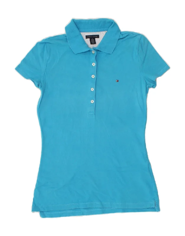 TOMMY HILFIGER Womens Polo Shirt UK 6 XS Blue Cotton Classic V-Neck Short Shirt