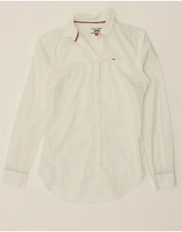 TOMMY HILFIGER Womens Shirt UK 6 XS White Cotton Comfortable Ribbed Short Sleeve