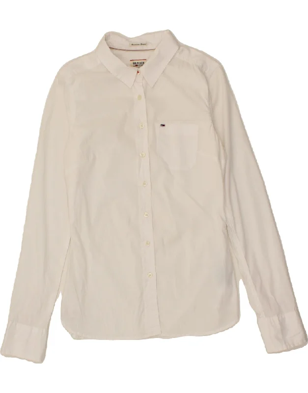 TOMMY HILFIGER Womens Shirt UK 6 XS White Cotton Elegant Lace-Trimmed Short Shirt
