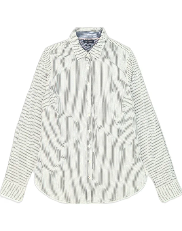 TOMMY HILFIGER Womens Shirt US 10 Large White Pinstripe Cotton Trendy Ruffled Short Sleeve